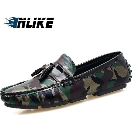 INLIKE Men Big Size Casual Leather Loafers Camouflage Leather Doug Shoe Moccasins Slip on Men Loafers Shoes For Driving