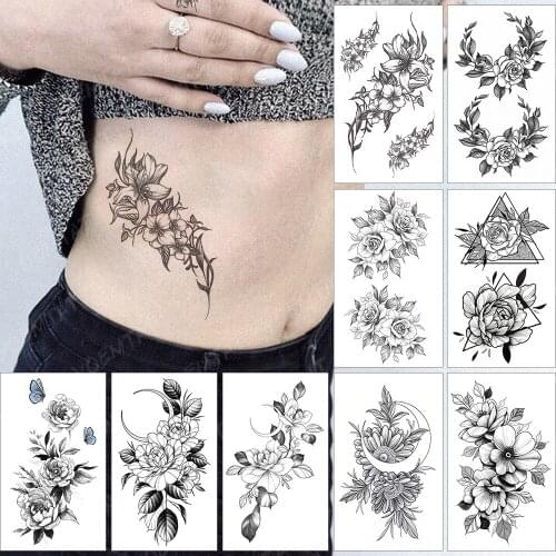 Waterproof Temporary Tattoo Sticker Realistic Black Waist Wrist Lily Flowers Flash Tatoo Fake Tatto For Body Art Women Men