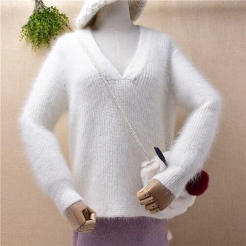 Ladies women fashion winter thick warm hairy angora rabbit hair knitted long sleeves v-neck mink fur jumper sweater pull tops