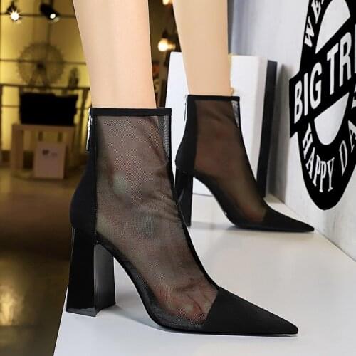 BIGTREE 2020 Summer Boots Fashion Mesh Peep Toe Ankle Boots New Stiletto High Heels Casual Zipper Ladies Boots Women Shoes