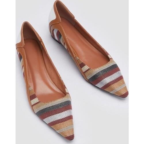 MEZEREON Womens Fabric Shoes Retro Slip-On Spring/Autumn Ethnic Flat Shoes Pointed Toe Low Heel Shoes Woman Special Material