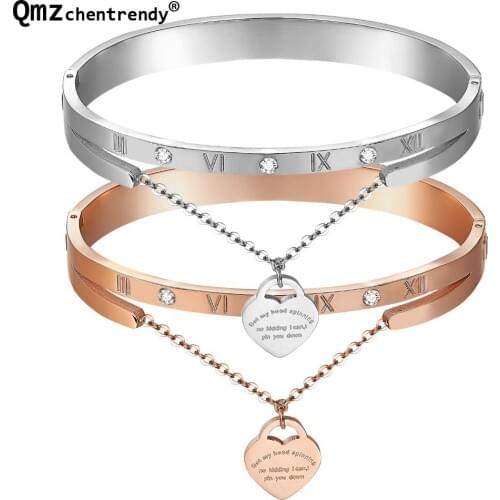 Luxury Love Peach Heart Charms Women Roman Numerals Bangles&Bracelets For Lady Girls Gold, Rose Gold Stainless Steel Jewelry