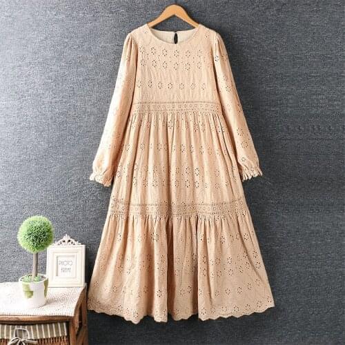 2020 New Autumn Women Long Dress Japan Style Mori Girl Literary Fresh O-Neck Hollow Out Embroidery Loose Cotton Linen Dresses