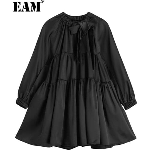 [EAM] Women Black Bow Pleated Big Size Dress New Round Neck Long Sleeve Loose Fit Fashion Tide Spring Autumn 2021 1DD2909