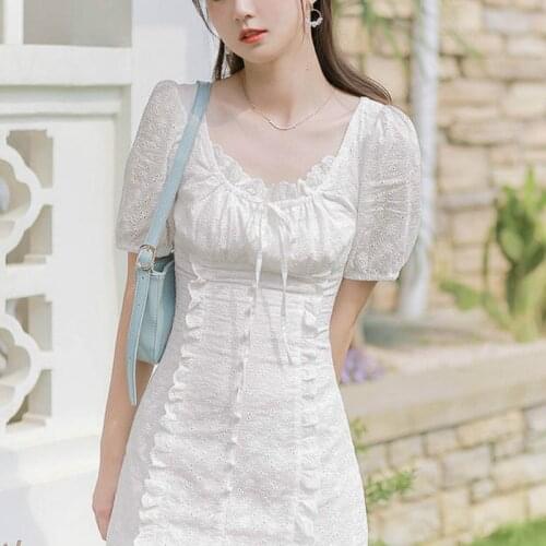 Luck A French Style Dress Women White Puff Sleeve Lace Chiffon Fairy Dress Casual Korean Japan Style Kawaii Elegant Dress Women