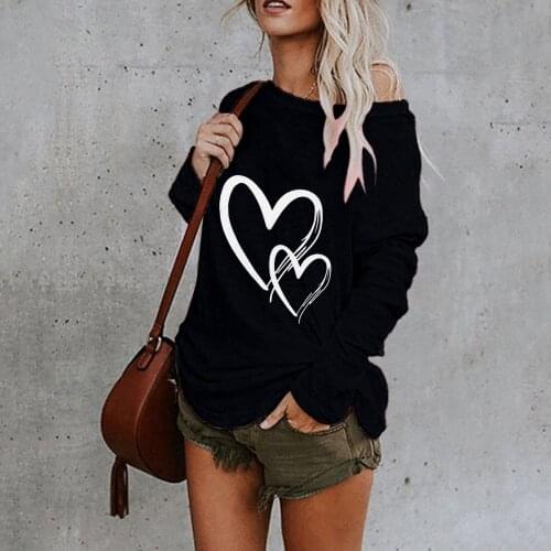 40# Streetwear Sexy Blouses Womens Heart Print Plus Size Tee Top Casual Skew Neck Long Sleeve Spring Shirt Рубашка Женская