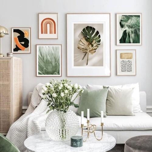 Modern Green and Gold Leaves Rainbow Abstract Poster Canvas Painting Wall Art Print Pictures for Living Room Interior Home Decor