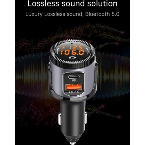 Car Bluetooth 5.0 FM Transmitter 12V-24V Automobile Charger USB A QC 18W and USB Type-C PD 18W