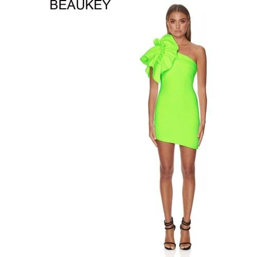 BEAUKEY Neon Green One Shoulder Ruffles Bandage Dress Women Party Bodycon Dress Above Knee Bandage Dresses Club Bodycon Dress