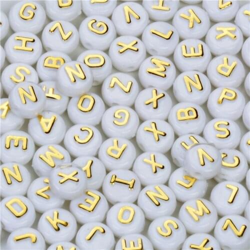 100PCS Mixed Alphabet Letter Beads White Acrylic Beads With Gold Letter For Jewelry Making 10mm Spacer Beads For Needlework