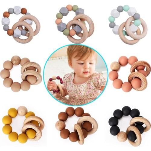 Food Grade Silicone Beads Teether Chewing Custom Bracelets Baby Teether Care Products Wooden Teething Ring BPA Free Baby Teether