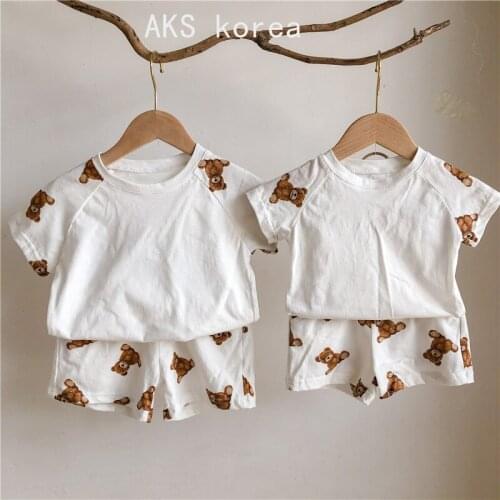Childrens set bear print splicing boys and girls two piece baby cartoon baby shorts sportswear kids clothes girls