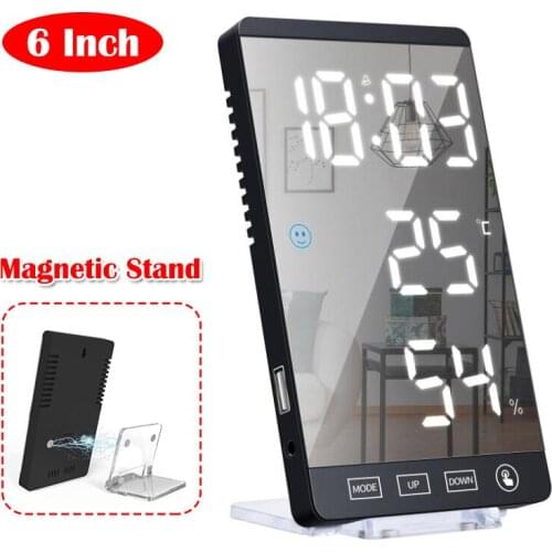 6Inch LED Mirror Alarm Clock Multifunction Touch Button Wall Backlight Digital Clock USB Output Port Table Clock Magnetic Stand