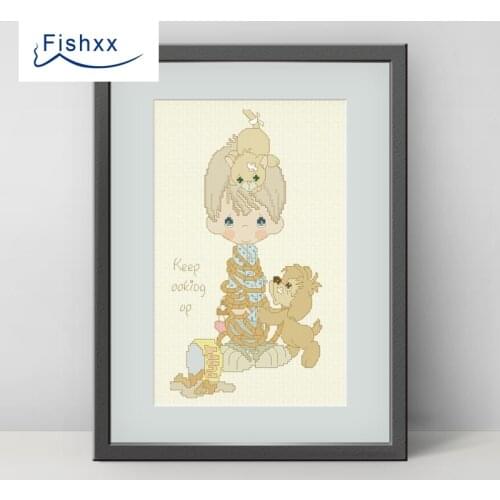European Style Fishxx Cross Stitch 14CT Kit Pastoral Scenery Cute Cartoon H124 Kitten and Puppy Tied Little Boy