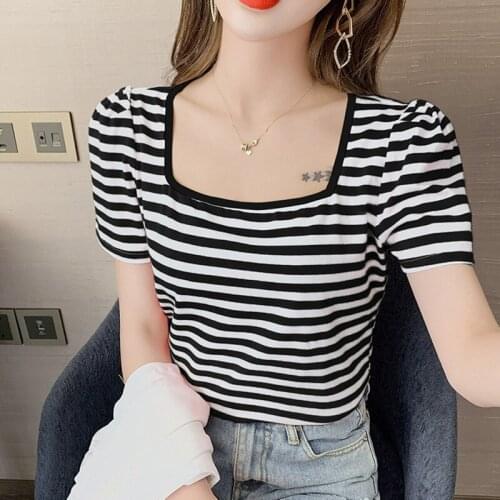 GGRIGHT Square Neck Tshirt Femme 2021 Stripe Female T Shirt Women Cotton Slim T-Shirt Woman Summer Camiseta Feminina Casual