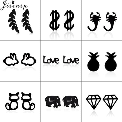 Jisensp Punk Stainless Steel Earrings Minimalist Jewelry Geometric Leaf Rabbit Cat Letter Stud Earrings Best Gift for Women Girl