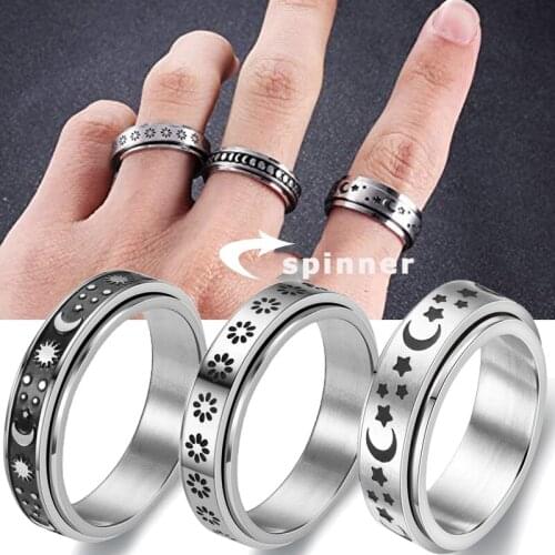 6mm Fidget Spinner Anxiety Rings For Women Stainless Steel Moon Star Ring Rotate Freely Anti Stress Accessories Wedding Jewelry