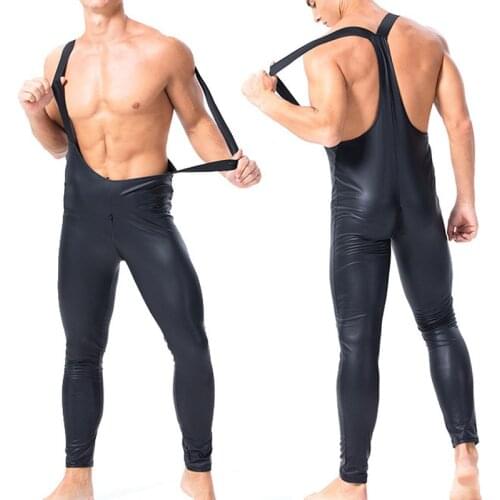 XXL Men Bodysuits PU Leather Zipper Open Crotch Gay Jumpsuits Wrestling Singlet Mankini Latex Fetish Leotard One-piece Trousers