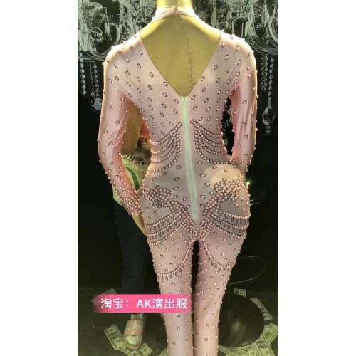 Birthday Party costumes Pink Pearl Crystals Jumpsuit Bling Glass Diamond Skinny Elastic Bodysuit Bar Female Singer Stage Costume