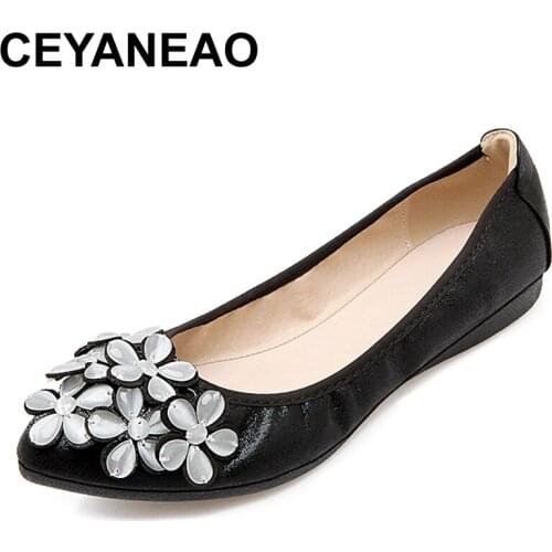 CEYANEAO Summer womens shoes on a flat sole; Loafers with rhinestones and a pointed toe; folding flats on a flat sole