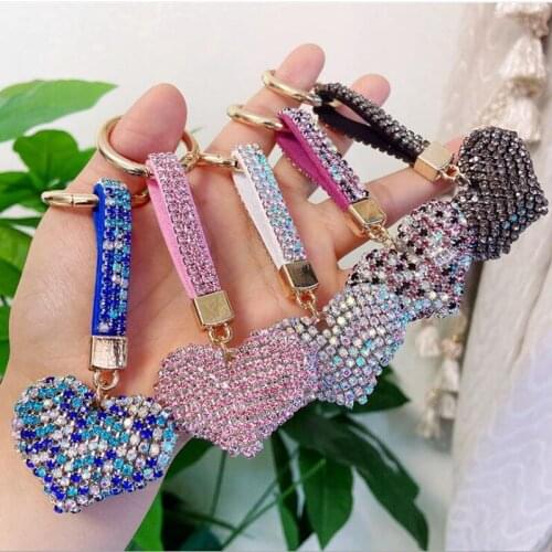 Fashion Leather Strap Rhinestone Heart Ball Keychain Women Girl Bag Charms Pendant Trinket Lovely Cute Car Keyring Gift Llaveros