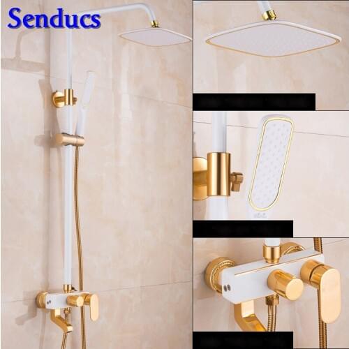 Senducs White Gold Aluminum Bathroom Shower Set Single Lever Space Aluminum Bathroom Mixer Tap White Gold Shower System