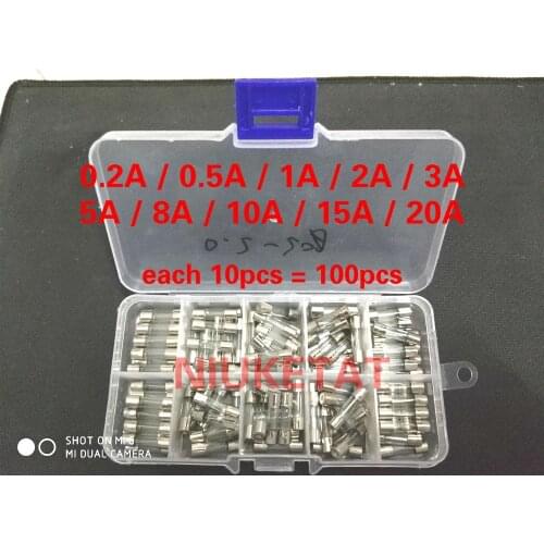 100pcs 5*20mm Electrical Assorted Fuse Amp Fast-blow Glass Fuse Mix Set Assorted With Box 0.2A 0.5A 1A 2A 3A 5A 8A 10A 15A 20A
