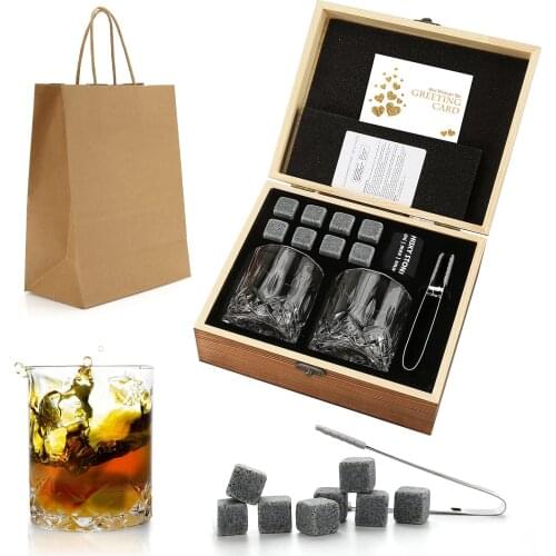 Whiskey Stones Gift Set-Granite Chilling Whiskey Rocks - Whiskey Glasses in wooden Box Gift Set-Best Drinking Gifts for Men Dad