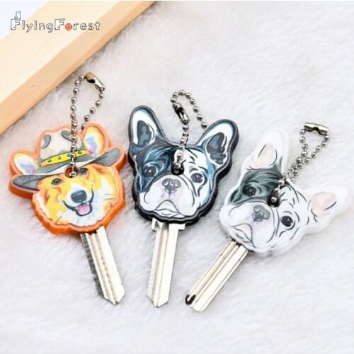 New Cartoon Bulldog Charm Key Cover PVC Cute Pet Dog Cat Key Chain Cap Rubber Pug Key Ring Men Women Unisex Keyring Wholesale