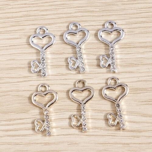 10pcs 12*23mm Alloy Love Heart Charms for Jewelry Making 2 Colors Crystal Key Charms Pendants Fit Necklaces Earrings DIY Crafts
