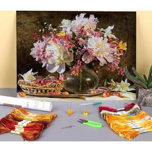 Flowers European Style Pre-Printed 11CT Cross-Stitch DIY Embroidery Full Kit DMC Threads Painting Handiwork Hobby Package
