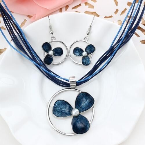 Vintage enamel round flower pendant necklace multi-layer chain necklace earrings silver color floral earrings for women