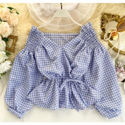 Chic Plaid Blouse V Neck 2020 Spring Fashion Off Shoulder Bandage Blouse Shirt Elegant Puff Sleeve Ruffle Top Women camisas