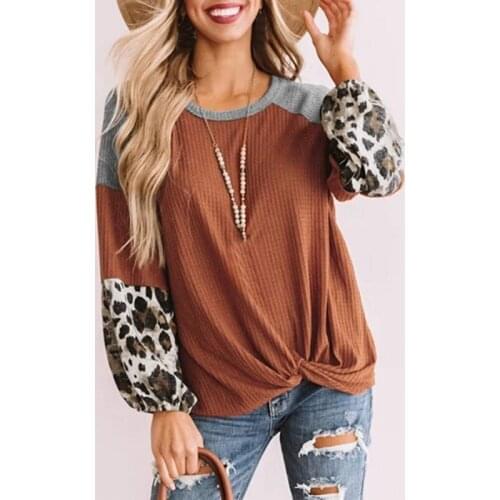Women Explosion Half Wild Full-Sleeve T-Shirt Leopard Pattern Round-Neck Blouse Lace up Knit Top Female Clothing