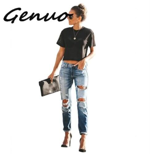 Summer 2019 Holes Long Jeans Women Distressed Ripped Denim Pants Capris Jean Zipper Pockets Casual Stretch Trousers Female Jeans