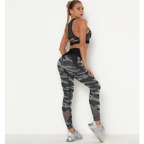 NORMOV Camouflage Women Sets Sexy Breathable Bra Push Up Leggings 2 Piece of Sets Mesh Patchwork Spandex Female Sets