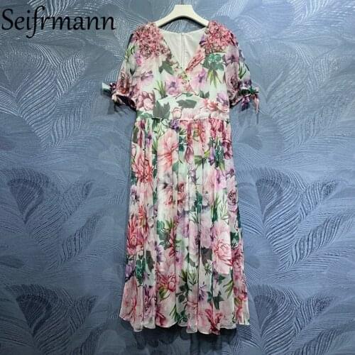 Seifrmann New 2021 Summer Women Fashion Designer Party Long Dress Lantern Sleeve Bow High Waist Floral Print Dresses Vestidos