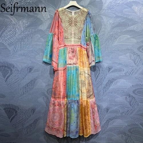 Seifrmann New 2021 Summer Women Fashion Runway Maxi Dress Flare Sleeve Ruffles High Waist Printed Ladies Long Dresses Vestidos