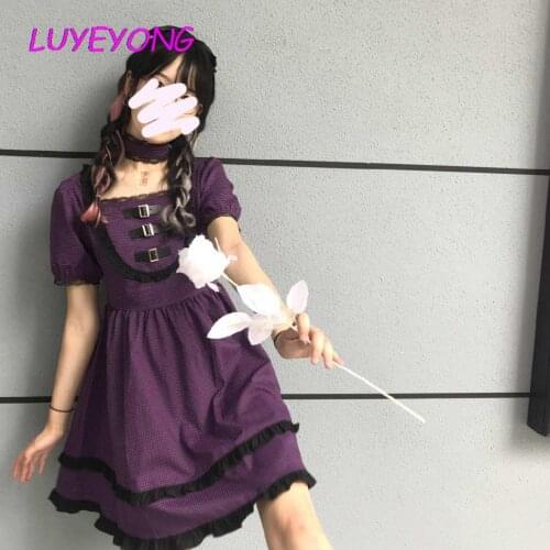 Lady Buckle Short-sleeve Lace Spliced Empire Mini Gothic Dresses Lolita Vestido Women Purple Y2k Plaid Pleated Dress 2021 Summer