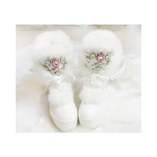 Real Rabbit Fur Winter Boots Girls Rhinestones Diamond Fashion Snow Boots Thick Warm High-Top Women Shoes Large 40 Winter Boots