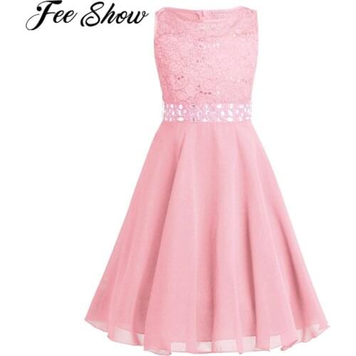 2021 Kids Girls Sequined Lace Chiffon Sleeveless Flower Girl Dress Princess Pageant Wedding Birthday Party Children Dress
