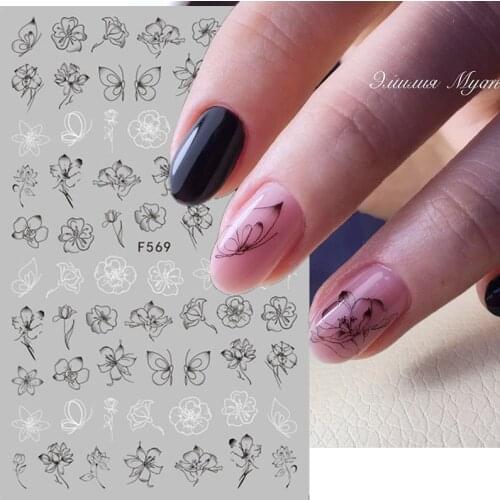 3D Nail Stickers Black Flower Leaf Butterfly Adhesive Transfer Decal Sliders Tropical Plants Image Nail Art Manicures Decoration