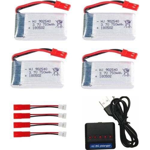 4 pcs 3.7v 750mah 25c Lipo Battery with 5in1 Charger for MJX X400 X800 X300C X500 X200 RC Quadcopter Drone