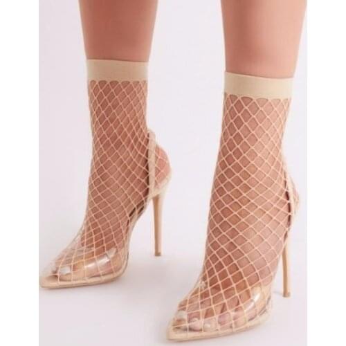 Hot Woman Red Black Nude Pointed Toe PVC Lace Cuts Out Transparent Stiletto Heels Ankle Boots Sexy Slip On Fashion Ankle Boots