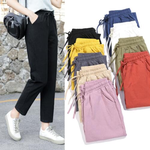Women Spring Summer Pants 2020 New Cotton Linen Soft Casual Loose High Elastic Waist Solid 9 Colors Trousers Female Harem Pants