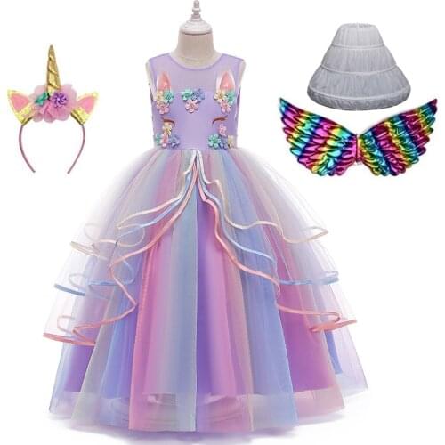 Flower Girls Unicorn Rainbow Wedding Long Dress For Kids Birthday Party Dance Performance Dress Halloween Cosplay Costume