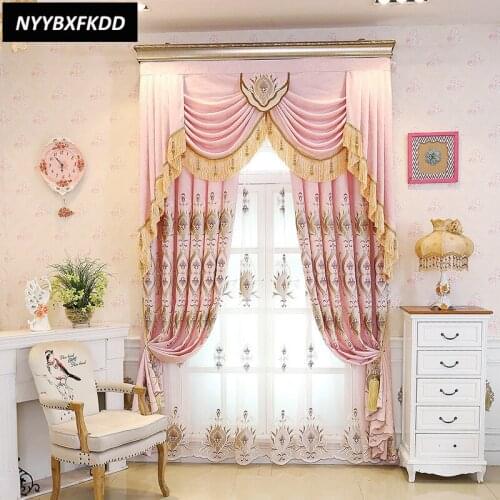 European Luxury Curtains for Living Dining Room Bedroom Chenille Fabric Embroidery Pink Curtains Tulle Home Decoration