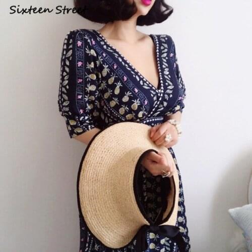 Maxi Dresses for Women Summer Korean Retro Pineapple Print V Neck High Waist Dress Vestido De Mujer Sexy Dress Women Y2k Dress