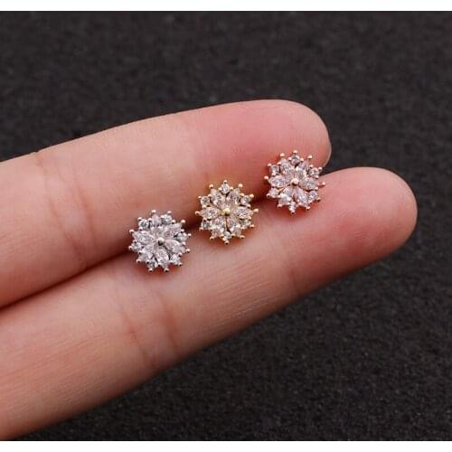 Cute Mini Round Sunflower Ear Studs Cuff Earrings Gold Color Full Zircon Double Sided Stainless Steel Bar Earrings Ear Jewelry