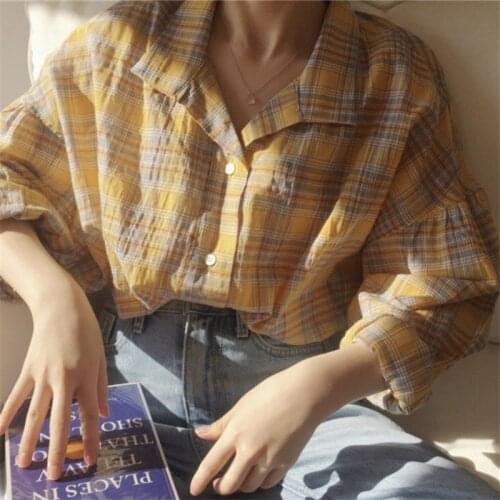 New yellow Shirt Oversize female Tops Women Long sleeve Linen Cotton Girls Blouse Autumn New Women Blouses Plaid femme